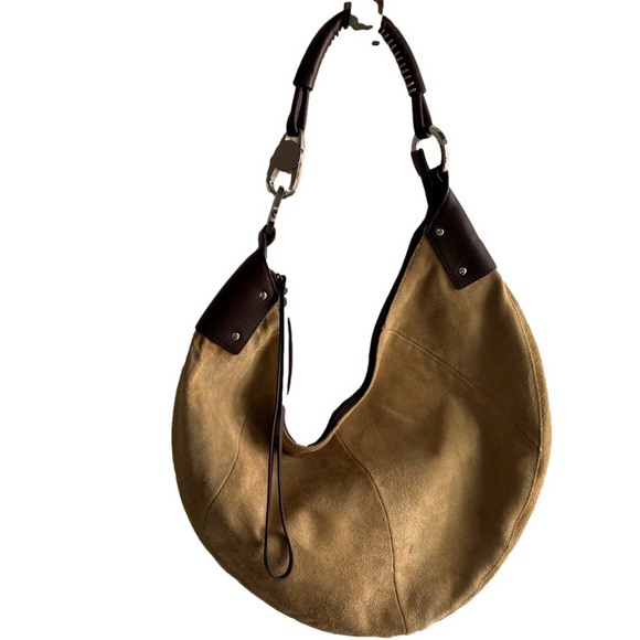 Wilsons Leather Handbags - Wilsons Leather Suede  Hobo Bag in Tan and Dark Brown